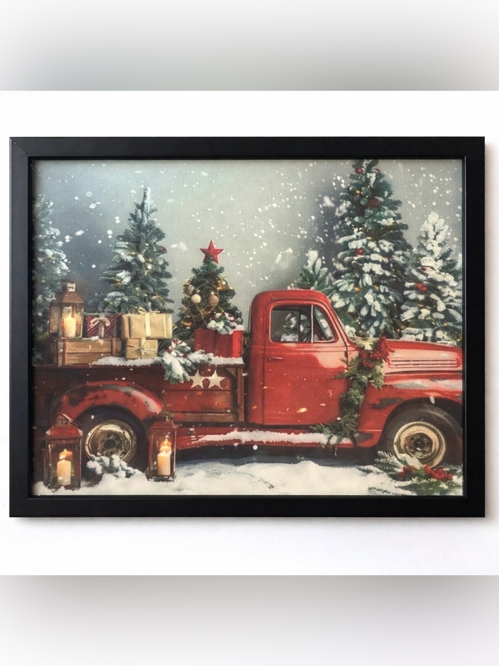 Winter Christmas Tree Red Truck Vintage Style Art Painting Print 8x10
